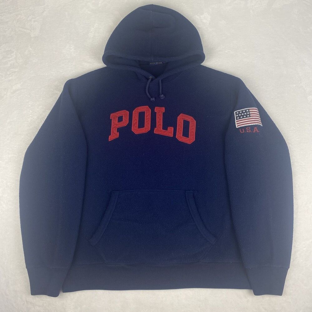 Polo Ralph Lauren Sweater Adult Large Blue Logo USA Flag Hoodie Sweatshirt